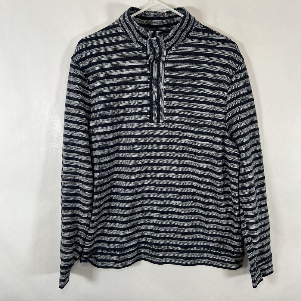 Liverpool Los Angeles Mock Neck Henley Sweater Mens Medium Gray Blue Striped